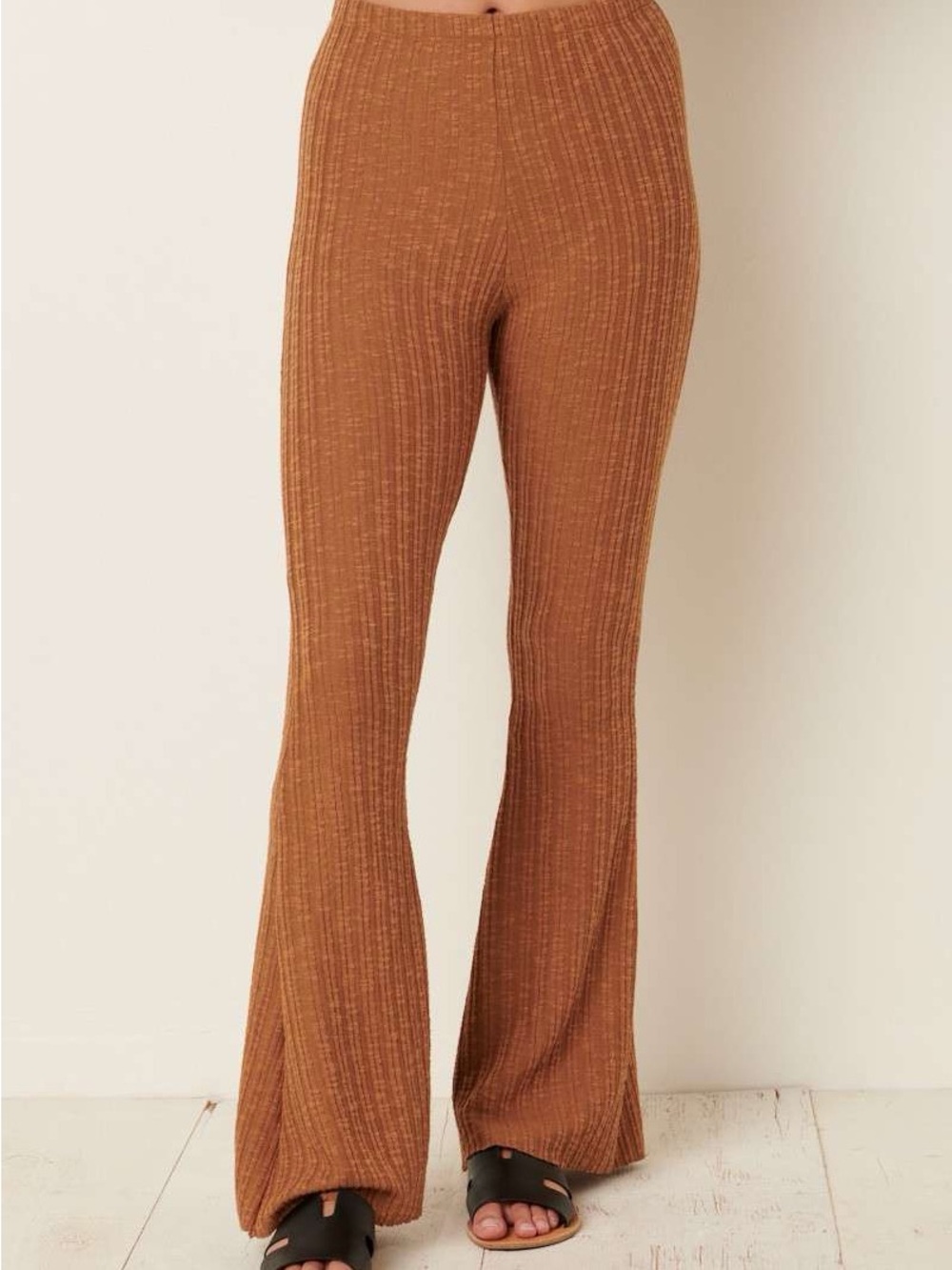 Ribbed Knit Flared Pants in Warm Rust